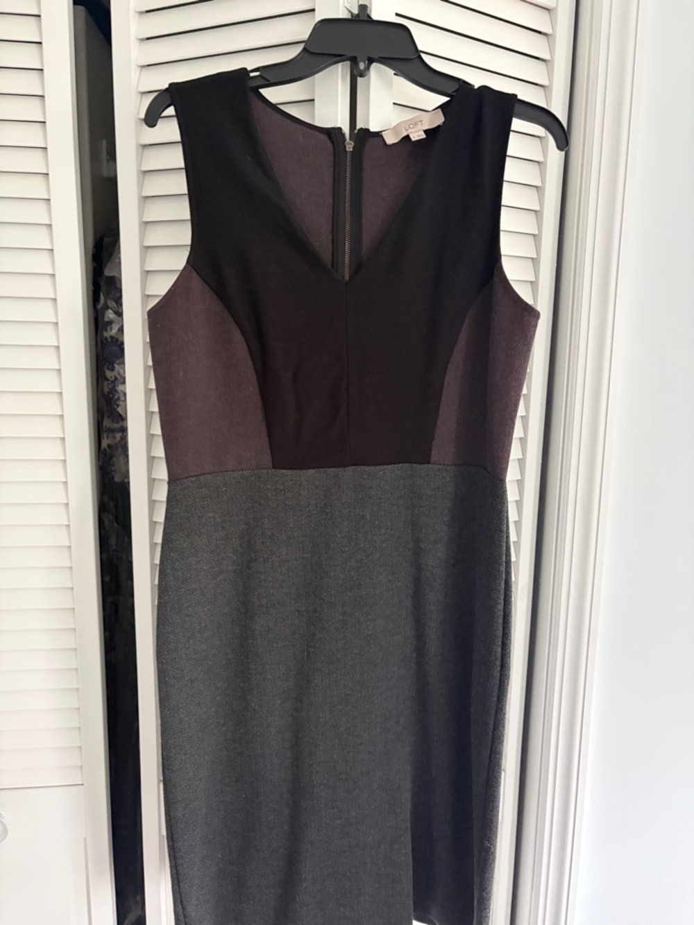 LOFT Black and Gray Colorblock Midi Sheath Dress